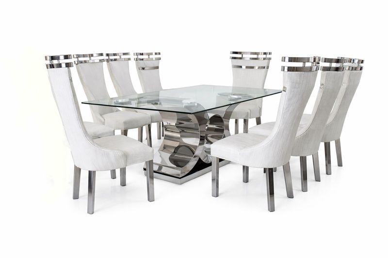 Lunaye Interiors 8-Seater Luxury Tempered Glass Dining Table Set Chrome