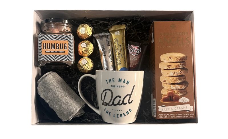 Special dad gift pack with mug and snacks