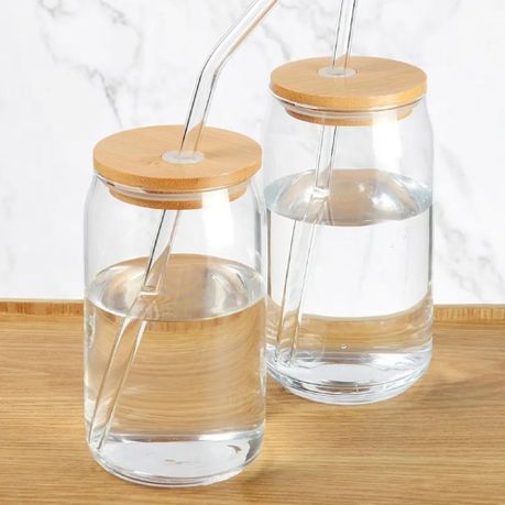 Glass Straw Cup with Bamboo Lid, Cola Shape Cup, 470ml