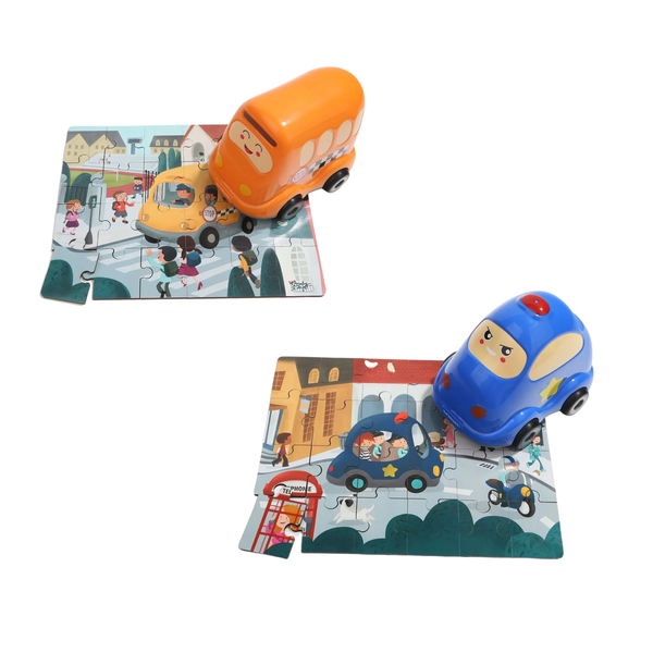 Two 24 piece Wooden Puzzle bundle - One in a Police car and 1 in School Bus