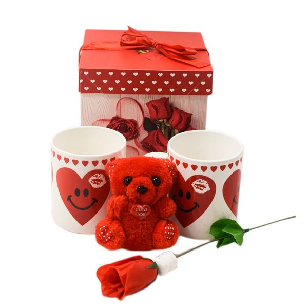 Mini Teddy Bear, Valentine's Day Couple Mugs, Surprise Gift Box &amp; Rose Set