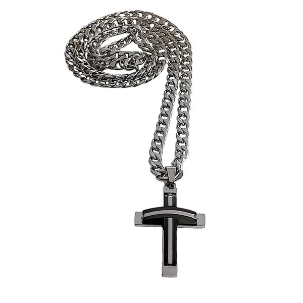 Men's Stainless Steel Black and Silver Cross Curb Chain