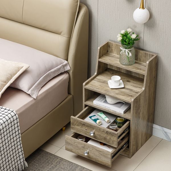 Side Table Nightstand 3-Tier Shelf End Table with 2 Drawers Bedside Table
