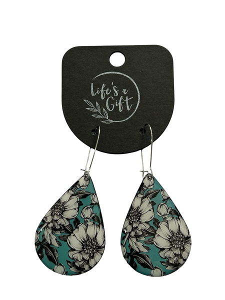 Teardrop Earrings - White and Grey Flowers on Turquoise