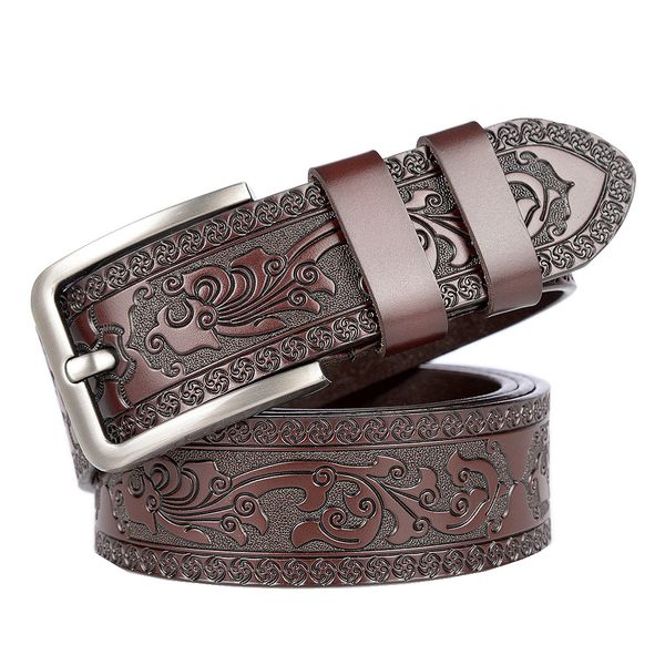 Leather Belt, Western Embossed Vintage Pin Buckle, Coffee, 4cm x 120cm