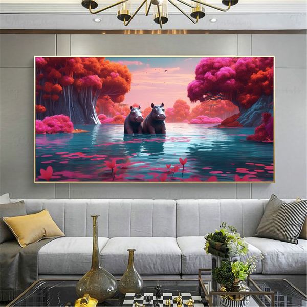 Canvas Wall Artwork - Hippo Paradise - 0631