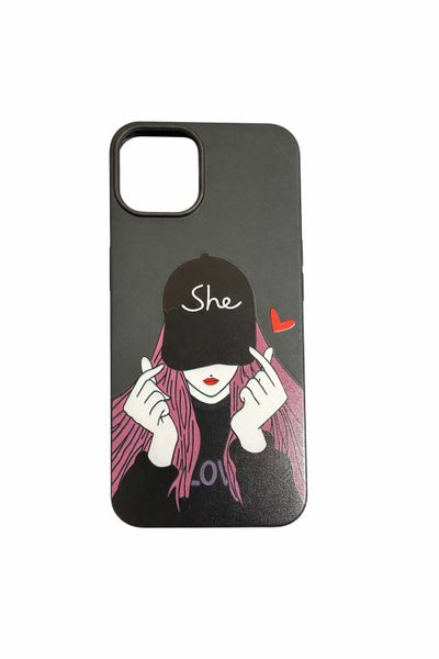 Matte Black Phone Case with Stylish She Illustration Pink Hair Finger Heart