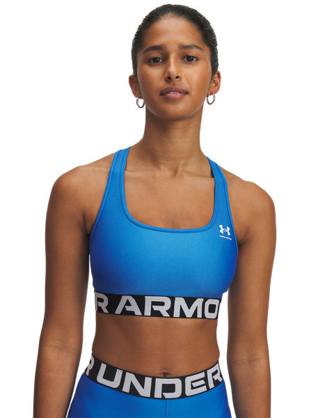 Under Armour Women's HeatGear Mid Branded Sports Bra - Blue Atlantis/White