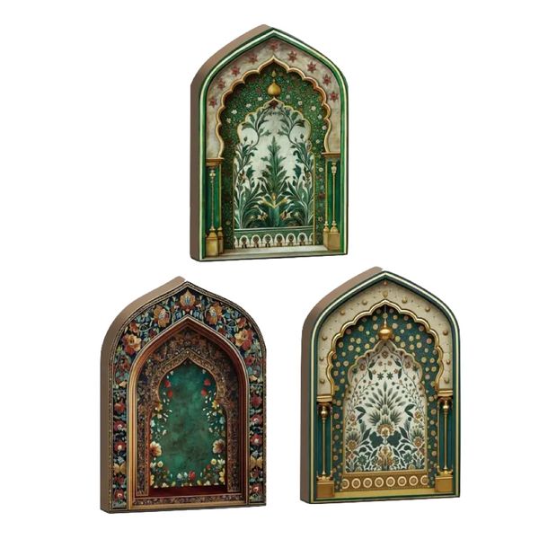 Decor Islamic Architectural Shaped Wooden Tabletop Sign Set Of 3-15cm