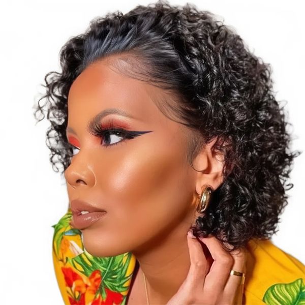 Black in Pixie Curly Wave Human Hair -13x1 Lace Brazilian Wig