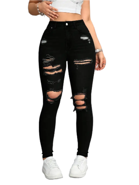 High Waisted Stretchy Ripped Skinny Jeans Fitted Fit