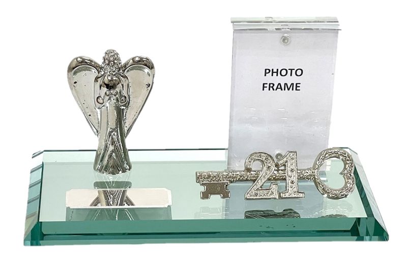 21st Key on Mirror base with Diamante metal Angel and Photo Frame