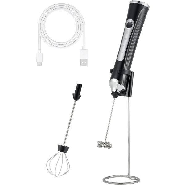 Rechargeable Milk Frother Handheld, 3 Speeds Coffee Whisk Foam Mixer -Black