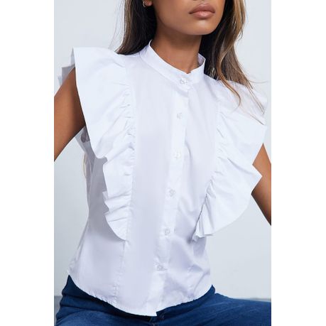 white sleeveless frill blouse