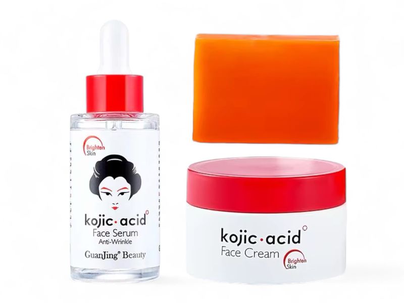 Set of 3 - GuanJing Kojic Acid Brightening Face Serum Face Cream FaceSoap