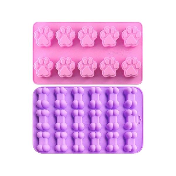 2 Piece - Dog Bone and Puppy Paw Shaped Silicone Molds - Pink and Purple