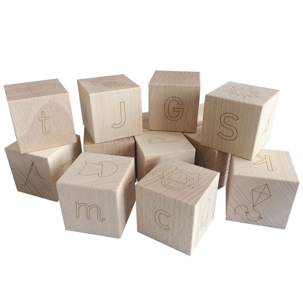 Greenbean Wooden ABC Blocks Lower Case Letters - 26-Piece Natural Beech Wood