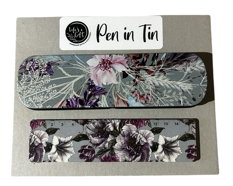 Ballpoint Pen in Tin &amp; 15cm Ruler - Purple Flowers - Kindness Matters