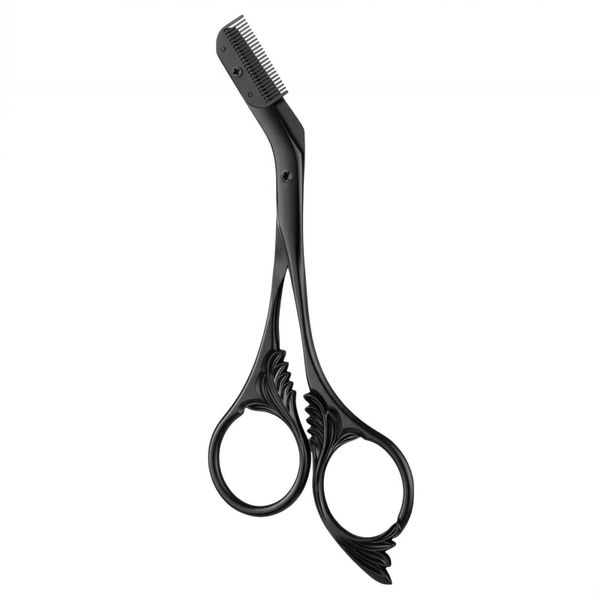 Precision Eyebrow Trimmer Scissor with Comb - Stainless Steel (Black)