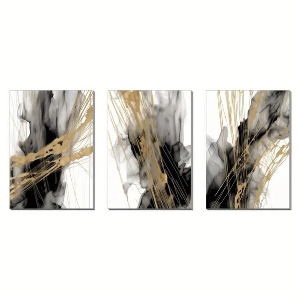 Canvas-Art-3 Pieces Splashed Gold On Black &amp; White Abstract Wall Art