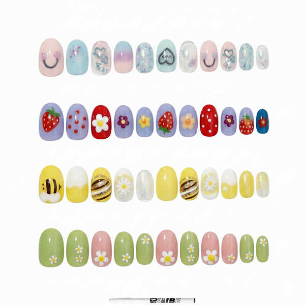 4Pack (12Pcs) Kids Press-on Nails Mixed Designs Cute Set With ReVibe Pen