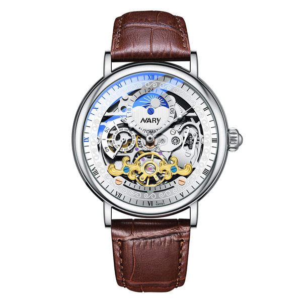 NARY Fashion Watch Men's Casual Sun Moon Star Dial Automatic Mechanical Wat