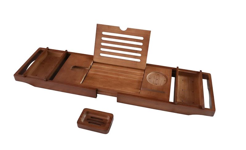 Bathtub Tray Expandable to 105cm. Bamboo Book Stand and Soap Tray - Brown