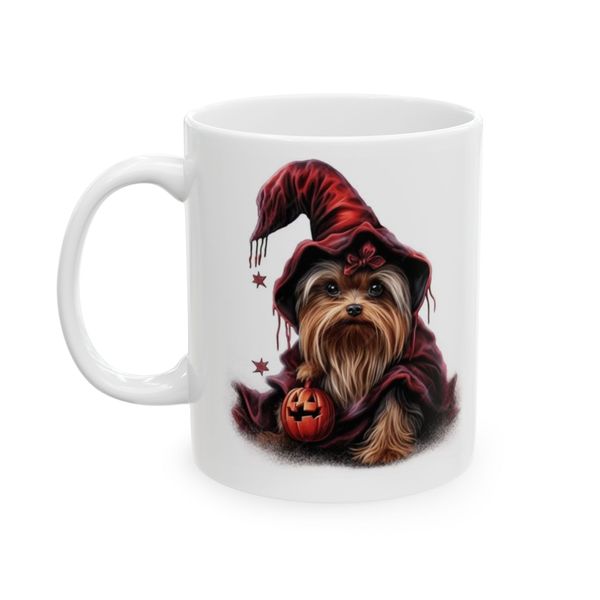 Dog Mug - Dog wearing red hat holding pumpkin with stars