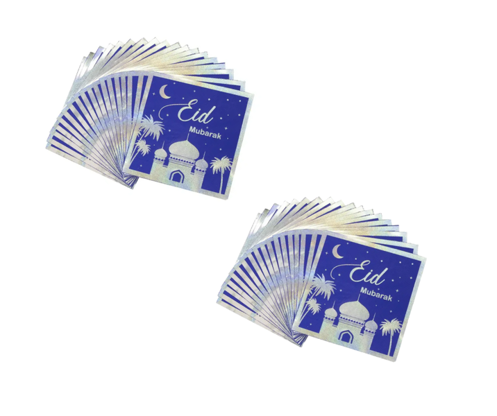 2PK Eid Mubarak Table Serviettes Blue &amp; Silver Foil Print Design Festive