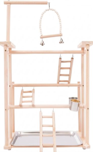 31 Inch Wooden Parrot Play Stand with Tray and Cups
