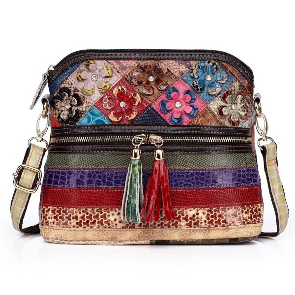 Bohemian Art Genuine Leather Crossbody Bag with Adjustable Strap Colorful
