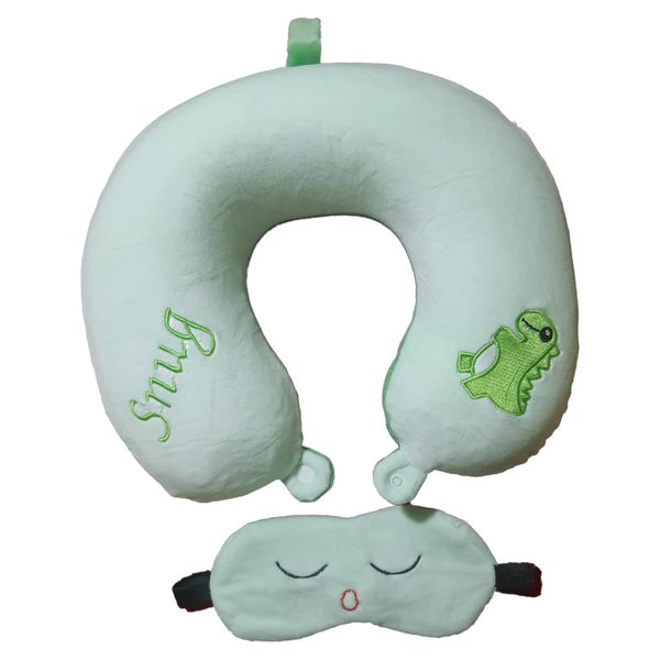 Light Green Travel Neck Pillow with Dino Embroidery and Sleeping Eye Mask