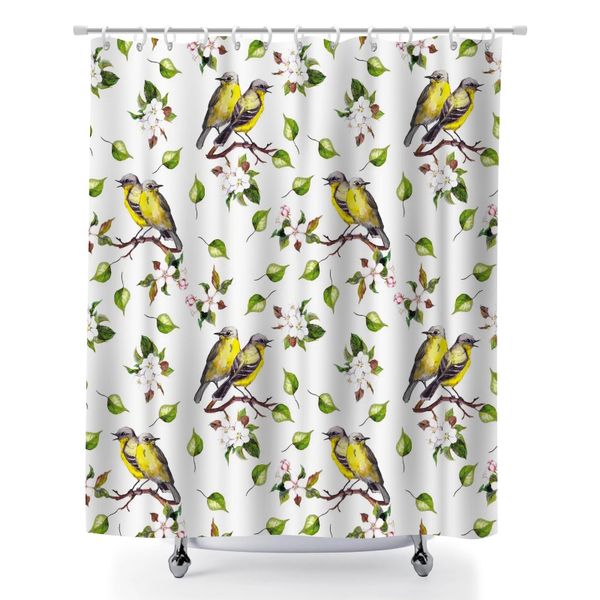 Floral and Bird Print Shower Curtain with 12 Hooks, Bathroom Curtain.