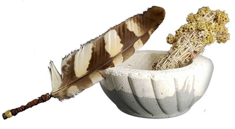 Cement Smudge Bowl and Imphepo Smudge Wand - Owl Smoke Feather Fan - Grey