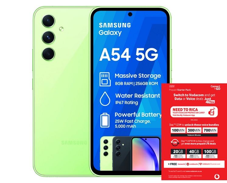 Samsung Galaxy A54 5G 256GB Dual Sim - Light Green + Vodacom Sim Card Pack