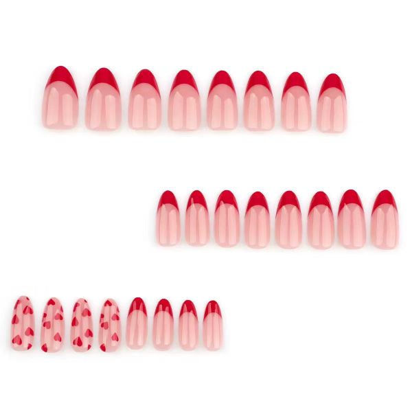 Red Valentines Press on Nails Heart Design Fake Nails Almond Shape