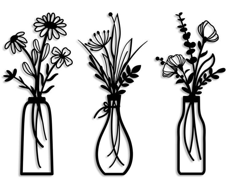 Metal wrought iron wall decor/ Vase floral livingroom wall art-3PCS
