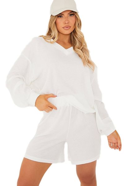 I Saw it First - Ladies White Basic V-Neck Lounge Set