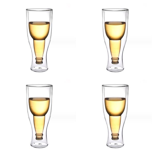 4 Beer Glasses, Clear Double Wall Insulated Pub Mug, Upside Down Design