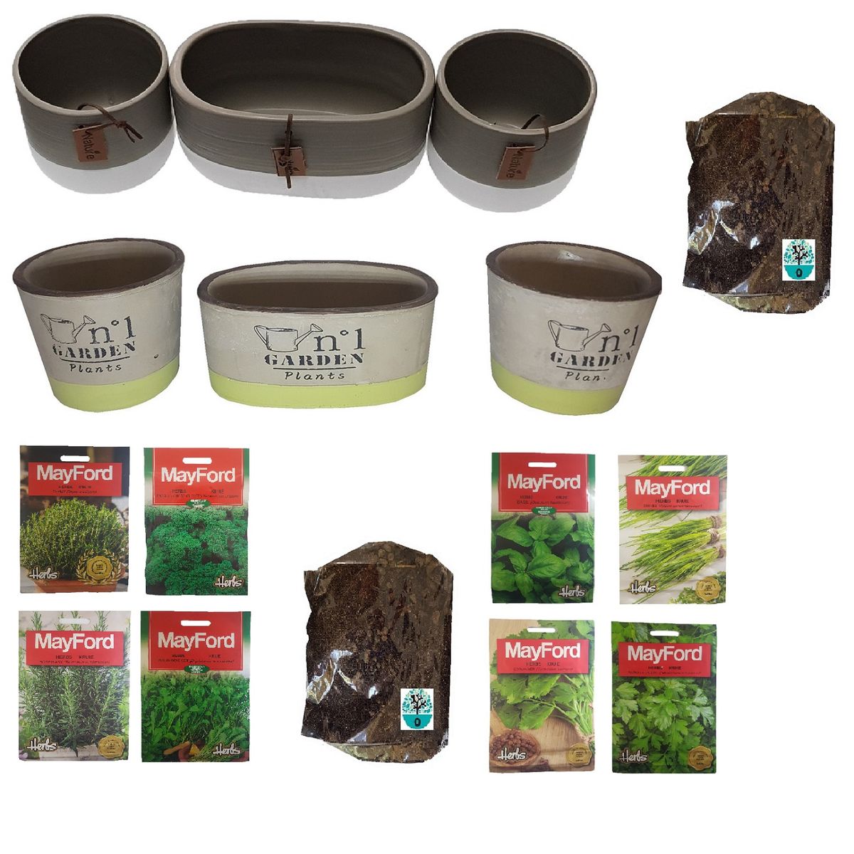 Organic Herb Planting Kit With 6 Pots, Enriched Soil & 8 Packets of