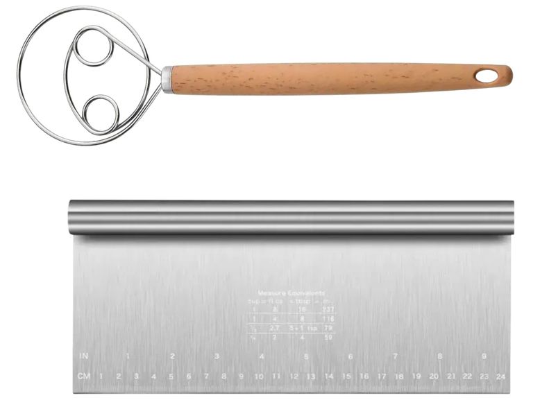 Premium Large Danish Dough Whisk &amp; Stainless Steel Dough Scraper Set - 25cm+