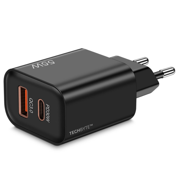 TechByte USB Wall Charger/Adapter - 55W - Dual Ports - Rapid Charge - Black