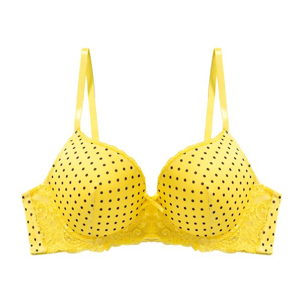 Seamless Yellow Polka Dot T-Shirt Bra - Lace Trimmed Padded Push-Up Bra