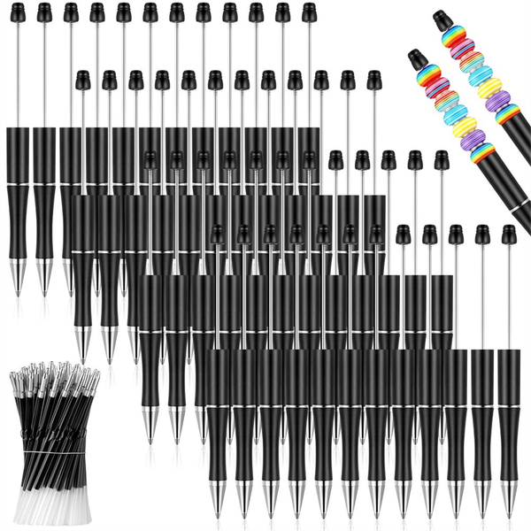 50 Pcs Plastic Beadable Pen Bulk Ballpoint Pen with 50 Refills Black