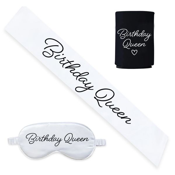 White Birthday Queen Birthday Sash, Bottle Koozie and Satin Eyemask