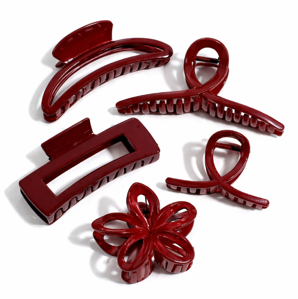 5-Piece Burgundy Hair Claw Clip Set - Assorted Stylish Designs