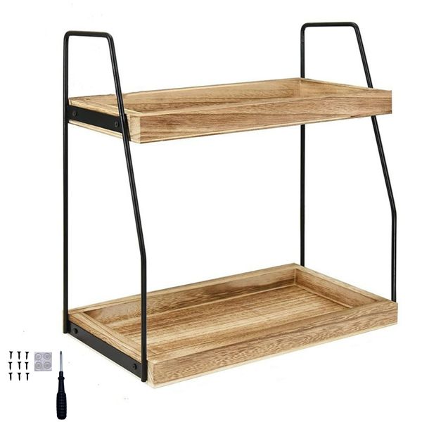 Bestby- 2-Tier Countertop Organizer Storage Rack-Wood Shelf with Iron Frame