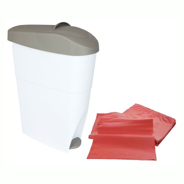 Foot Pedal Sanitary She Bin 19 Litre - White &amp; Grey &amp; 120 Bin Liners