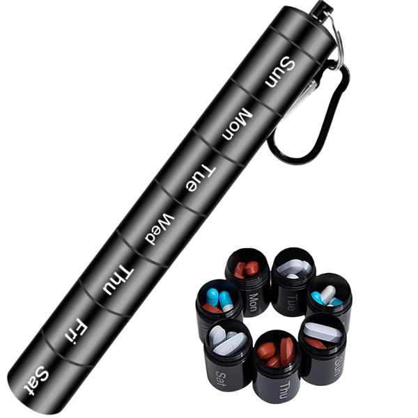 7 Day Weekly Aluminum Portable Pill Box Organiser With Carabiner Keychain