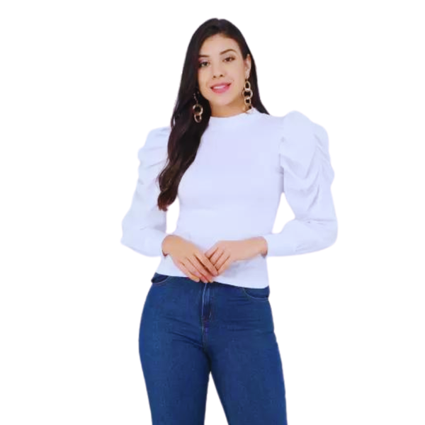 White Ruffle Long Sleeve Round High Neck